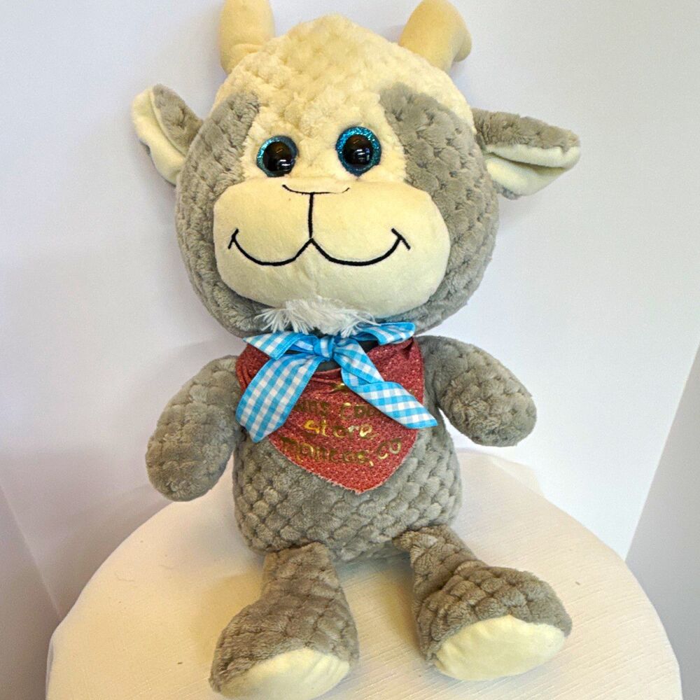 Kellytoy Gray/White Cow Plush Stuffed Animal Blue Gingham Bow Washable 2019